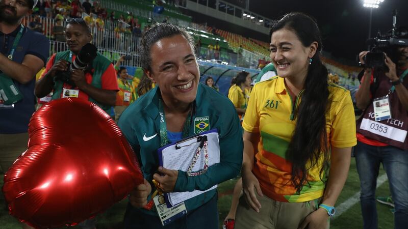 Brazil rugby player Isadora Cerullo and Marjorie Enya. Photograph: David Rogers/Getty Images