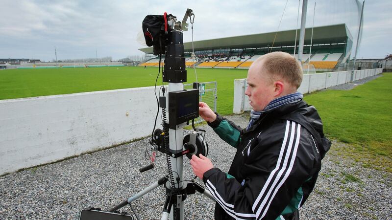 Rob Carroll, performance analyst, setting up his video in Tullamore. His stats s come from having watched 322 matches from the past eight years. Photograph: Cathal Noonan/Inpho
