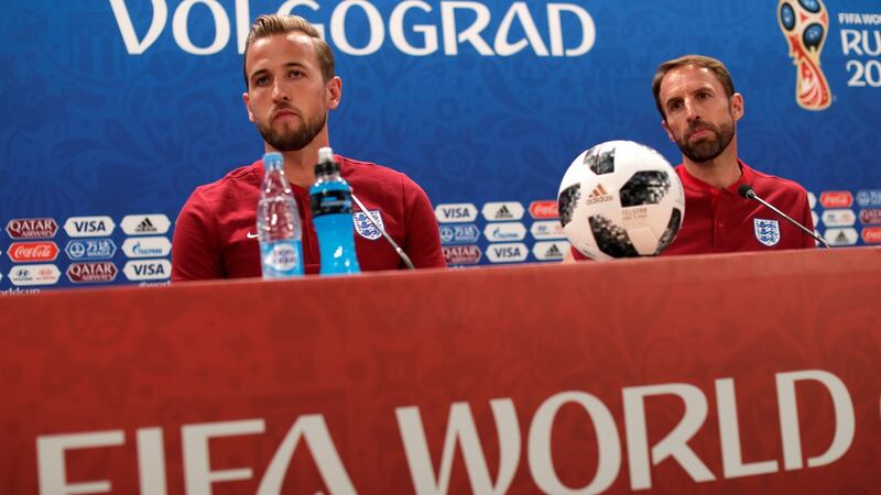 England’s Harry Kane and manager Gareth Southgate during a team  press conference at Volgograd Arena on Sunday. Photograph: Reuters/Ueslei Marcelino