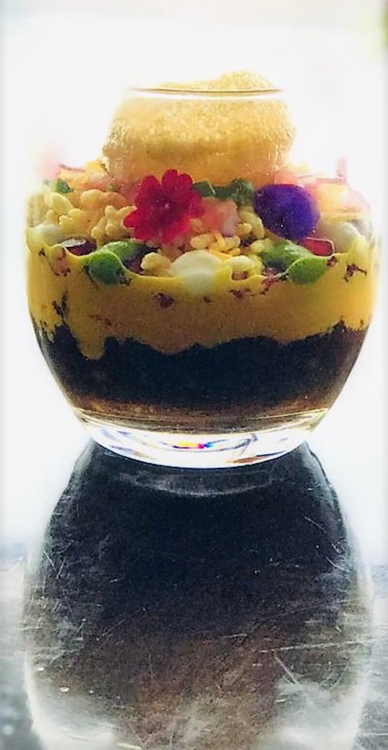 The vegetarian option from Jaipur: chit chaat taj-wallah, with puffed corn, turmeric sheep’s milk yogurt, gram pearls, vermicelli, black peas and beans, and mango grit