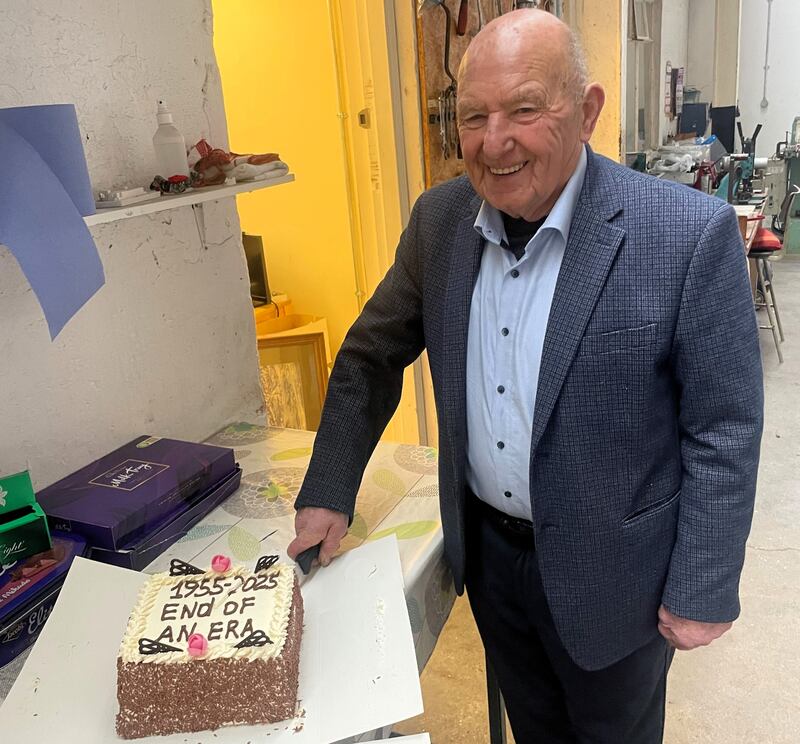 Denis O'Brien on his final day of working in DYR Electrical in Carrick-on-Shannon. Photograph: Ronan McGreevy
