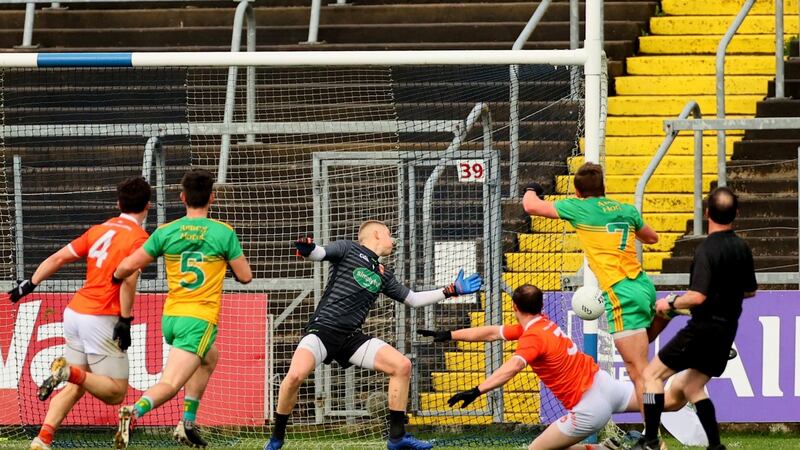 Paedar Morgan rifles home a goal for Donegal. Photograph: James Crombie/Inpho
