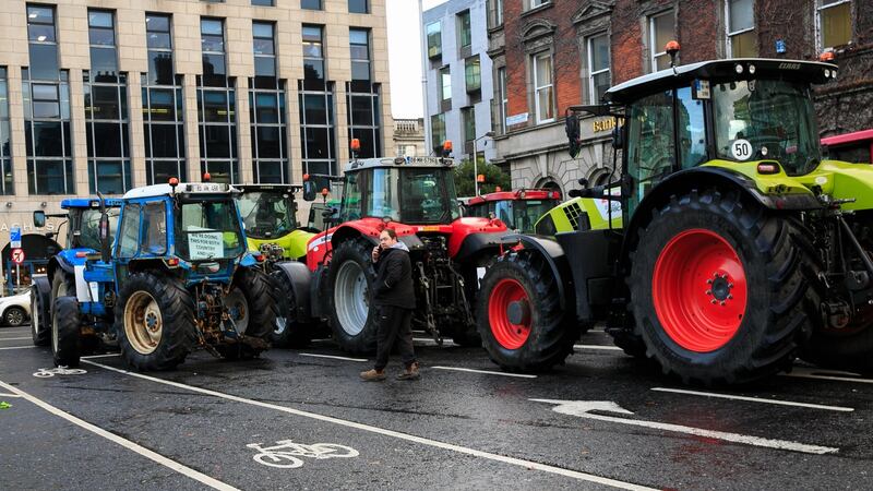 Farmers and tractors block St  Stephen’s Green, Dublin. Photograph: Collins