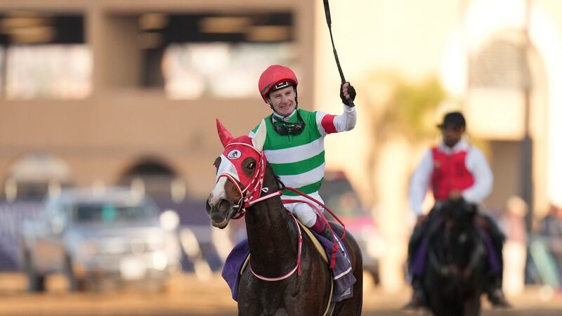 Oisín Murphy celebrates after riding Marche Lorraine to victory. Photo: Jae C. Hong/AP Photo