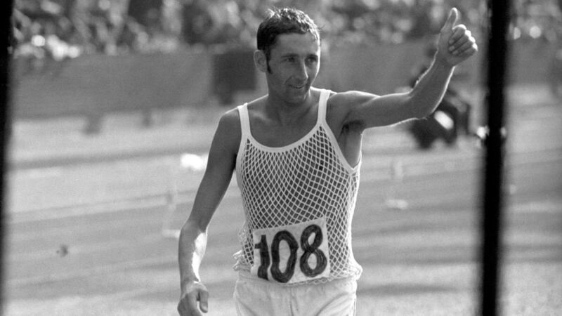 Ron Hill giving a thumbs-up to the crowd after winning the marathon at the Commonwealth Games in Edinburgh in 1970.