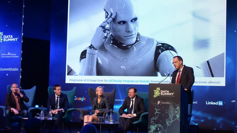 Dale Sunderland, Data Protection Commission; Cecilia Bonefeld-Dahl, director general of Digital Europe; Dr Robert Viola, director general of Connect and Prof. Christopher Millard, Queen Mary University, London, during an open panel discussion at the Data Summit in Croke Park. Photograph: Dara Mac Dónaill