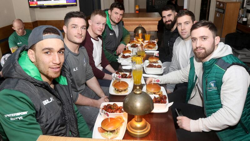 Members of the Connacht rugby squad at the launch of The Perfect Wingman burger at Seven Bridgestreet in Galway