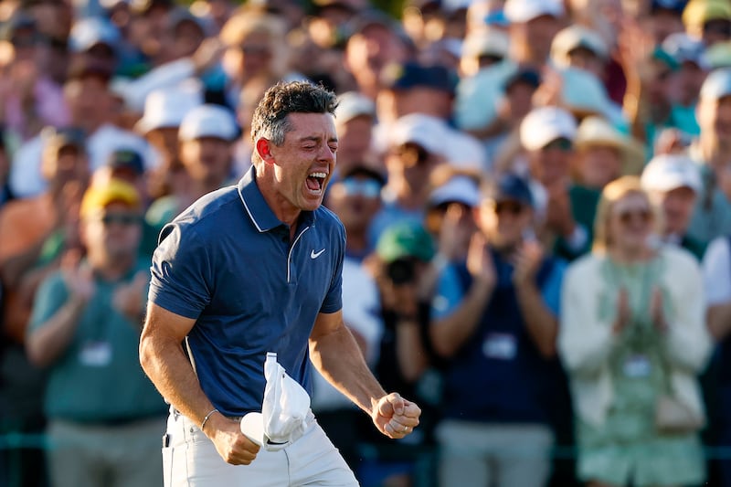Rory McIlroy celebrates winning the 2025 Masters at Augusta after the playoff victory over Justin Rose. Photograph: Harry How/Getty Images