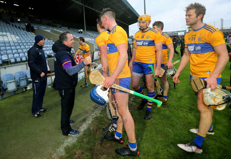 Wexford manager Davy Fitzgerald with Clare players after their All-Ireland qualifier in 2020. Photograph: Lorraine O’Sullivan/Inpho