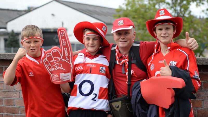 From left are Michael Nunan, Cillian Martin, Richard Nunan and Ben Nunan, of Spurhill, Cork, heading for the  All-Ireland senior hurling final at Croke Park. Photograph: Dara Mac Dónaill/The Irish Times