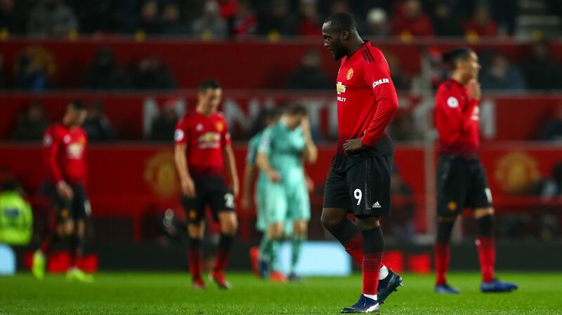 A dejected Romelu Lukaku of Manchester United reacts after they conceded during the 2-2 draw with Arsenal at Old Trafford. Photo: Robbie Jay Barratt - AMA/Getty Images