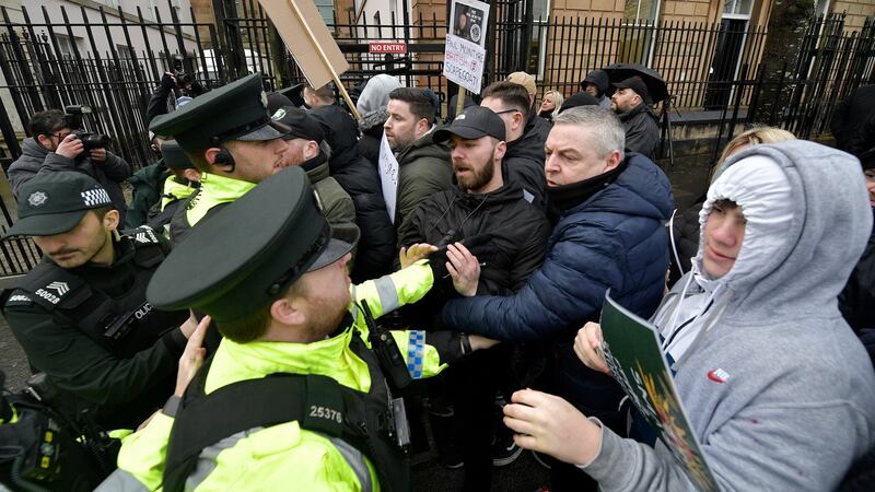 Protesters clash with the police outside Derry Magistrates Court as Paul McIntyre appeared in court on Thursday charged with the murder of Lyra Mckee. Photograph:  Getty