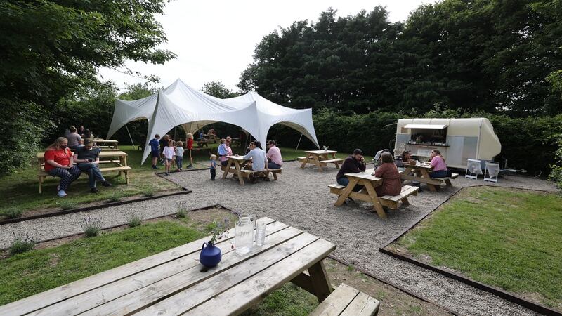 Outdoor dining area at Grangecon Kitchen, Grangecon, Co Wicklow. Photograph: Nick Bradshaw