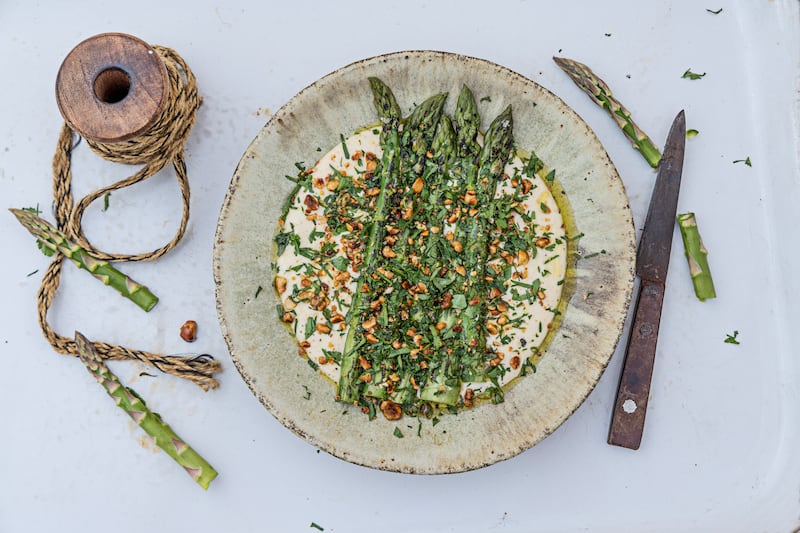 Pan-fried asparagus with soft polenta and garlic and pine nut gremolata. Photograph: Harry Weir