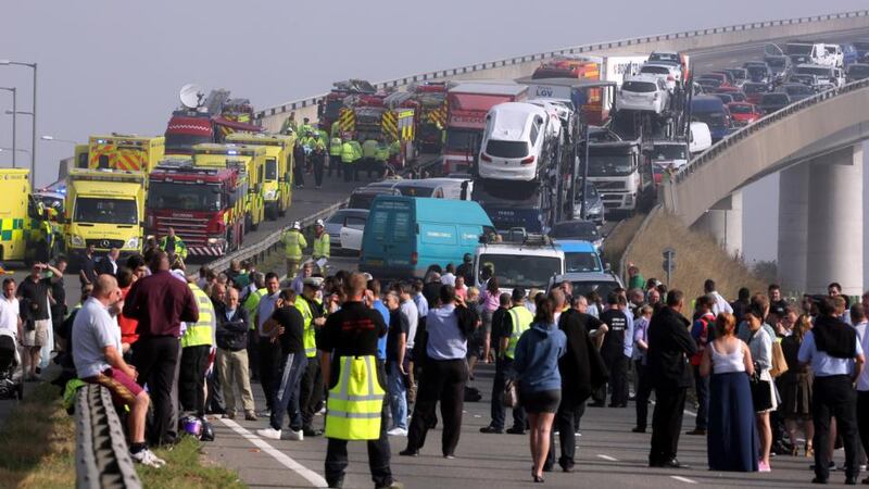 A general view of the scene on the London bound carriageway of the Sheppey Bridge Crossing near Sheerness in Kent following a multi vehicle collision earlier this morning. Photograph: Gareth Fuller/PA Wire