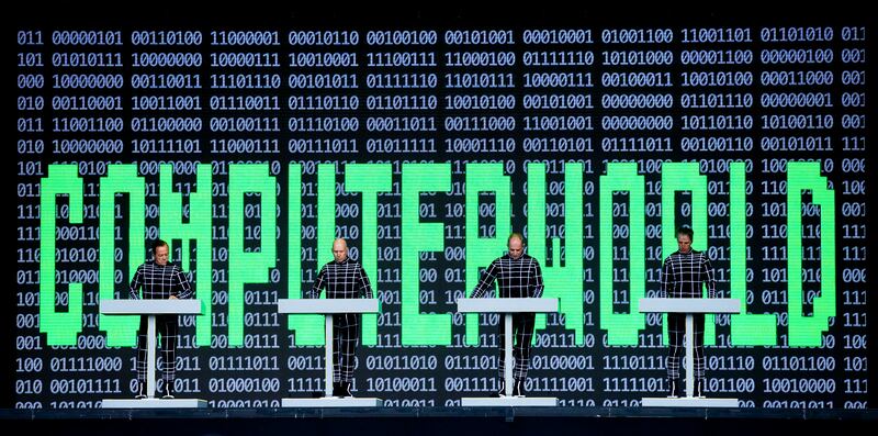 Ralf Hütter, Fritz Hilpert, Henning Schmitz and Falk Grieffenhagen of Kraftwerk perform at Trinity College Dublin. Photograph: Tom Honan