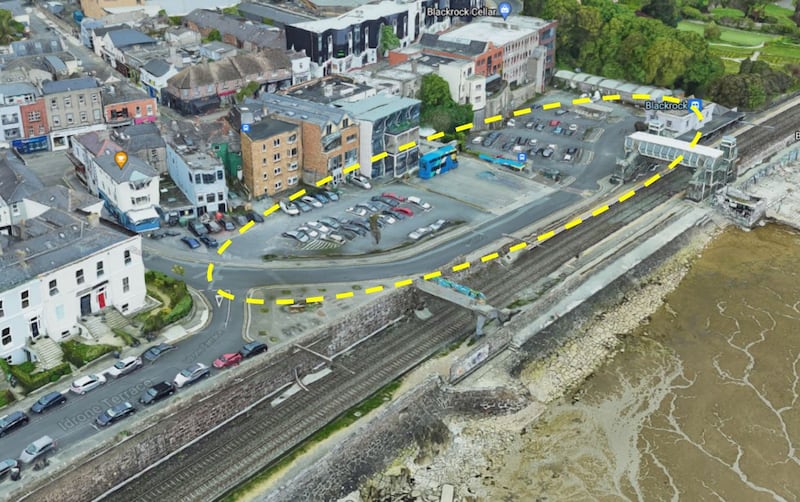 Seafront plaza: Bath Place, ringed in yellow, is currently a car park and bus terminus next to Blackrock Dart station. Source photograph: Google Earth