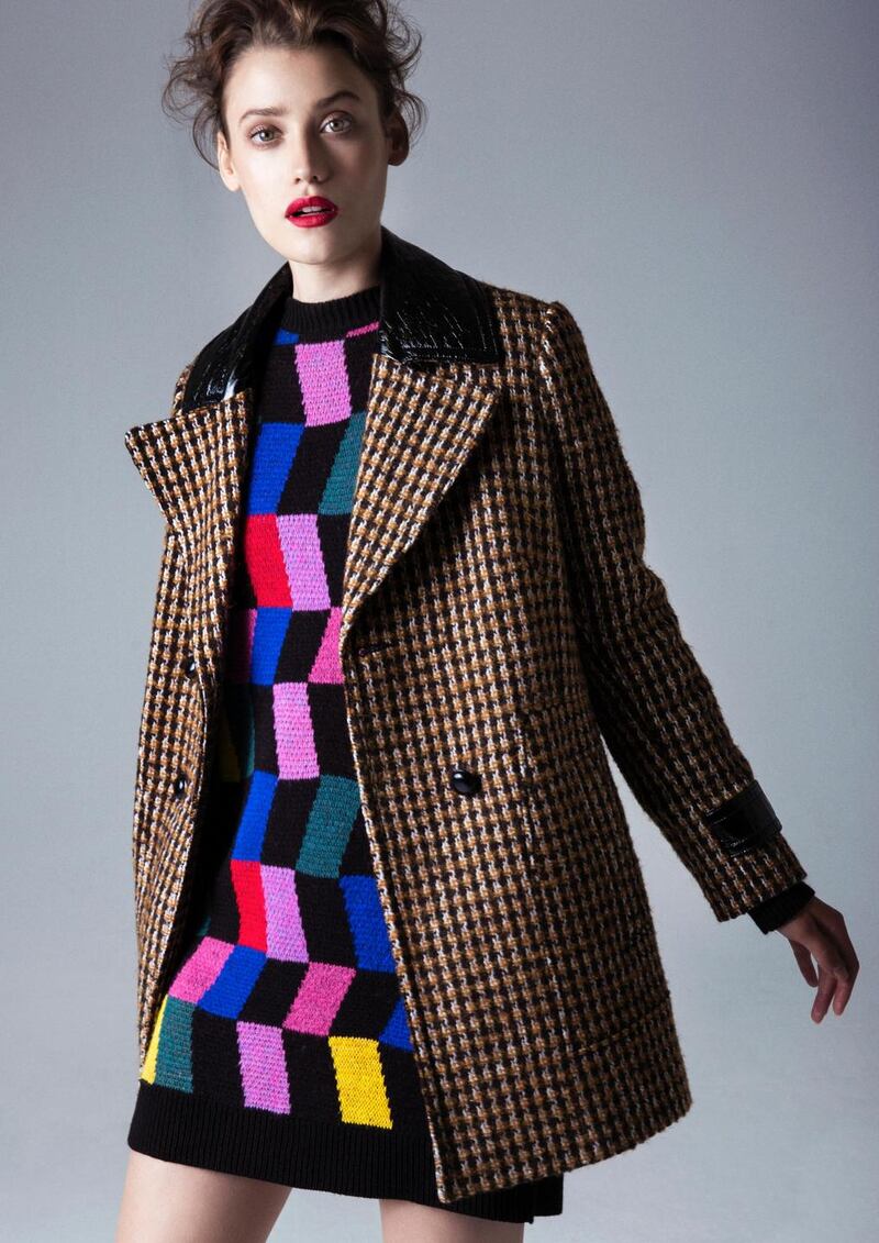 Penneys  check coat €40, colour block knitted dress €20.