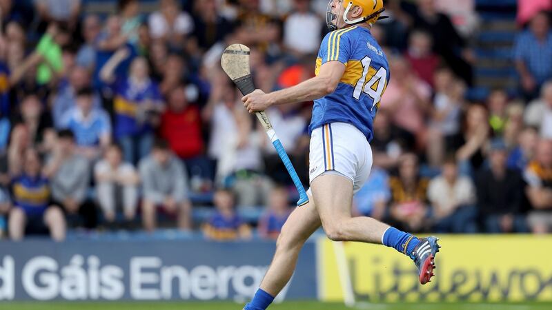Séamus Callanan celebrates one of his goals against Dublin at Semple Stadium. Tipp’s problems are at the back not in attack.  Photograph: Tommy Dickson/Inpho