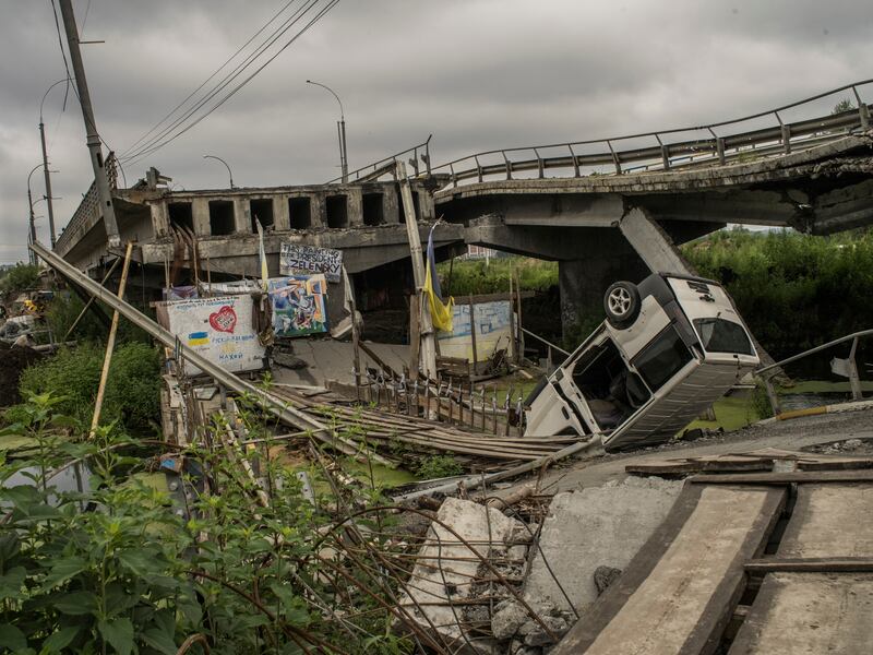 A view of a damaged bridge over the Irpin River that was used by evacuees fleeing from earlier fighting in Irpin, Ukraine. Photograph: Laura Boushnak/The New York Times