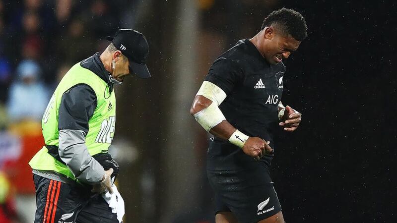 Waisake Naholo goes off for a concussion test during the second Test in Wellington.  The wing will not feature in the series decider. Photograph: Hannah Peters/Getty Images