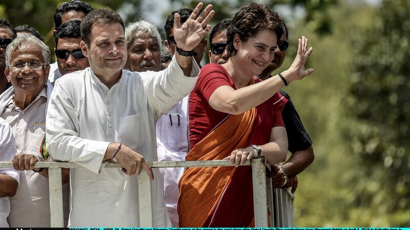 India’s opposition Congress party leader Rahul Gandhi and his sister Priyanka Gandhi wave at a crowd  in Kalpetta town in Wayanand, India, on April 4th. Photograph:  Atul Loke/ Getty Images