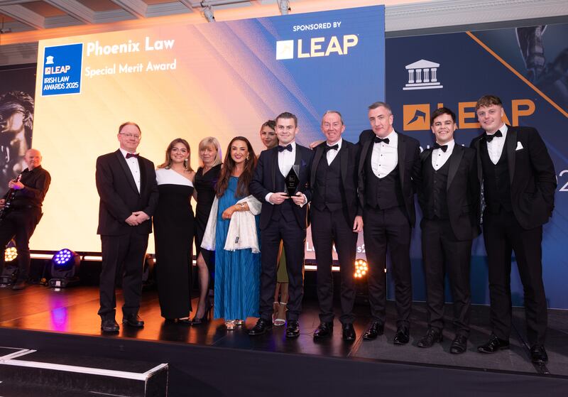 Richard Hammond, solicitor and partner at Hammond Good LLP and chair of the judging panel of the Leap Irish Law Awards; Megan Burns; Natalie Carter, chief financial officer at Phoenix Law; Sophie McClintock, solicitor at Phoenix Law; Millie Clancey; Darragh Mackin, director at Phoenix Law; Peter Corrigan, director at Phoenix Law; Gavin Booth, partner at Phoenix Law; Diarmuid Brecknell, trainee solicitor at Phoenix Law; and James Morgan, legal executive at Phoenix Law. Photograph: Paul Sherwood
