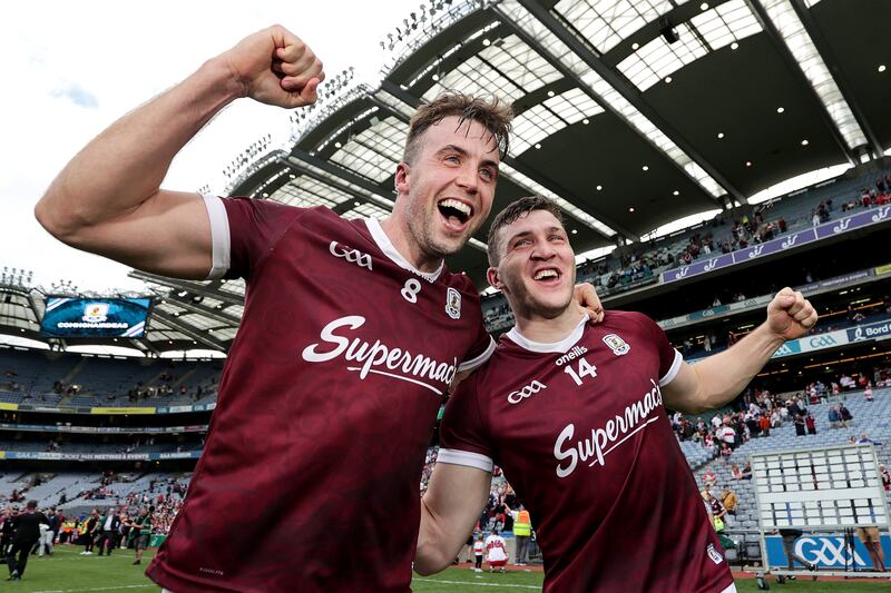 Galway's Damien Comer celebrates with Paul Conroy after the All-Ireland semi-final win over Derry. Photograph: Laszlo Geczo/Inpho
