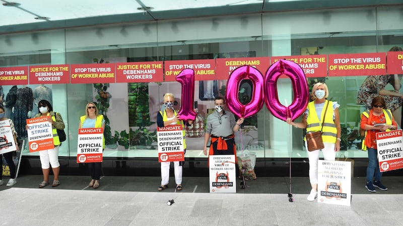 Former Debenhams staff rally outside the store on Henry Street in Dublin. Photograph: Dara Mac Dónaill/The Irish Times