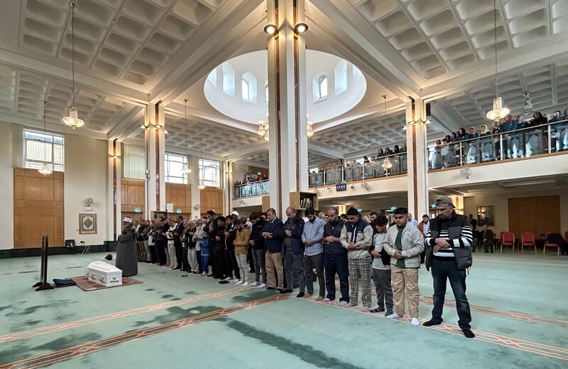 Prayers are said over the remains of Dlava Mohamed (16) at the mosque in Clonskeagh, south Dublin. Photograph: Cillian Sherlock/PA Wire