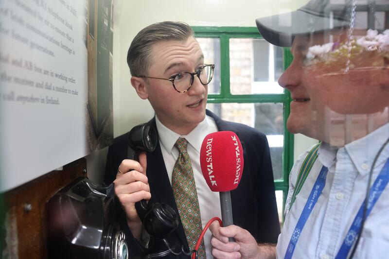 Deputy curator Dr Daryl Hendley Rooney at the official unveiling of a rare K1 phone kiosk at the Little Museum of Dublin. Photograph: Dara Mac Dónaill