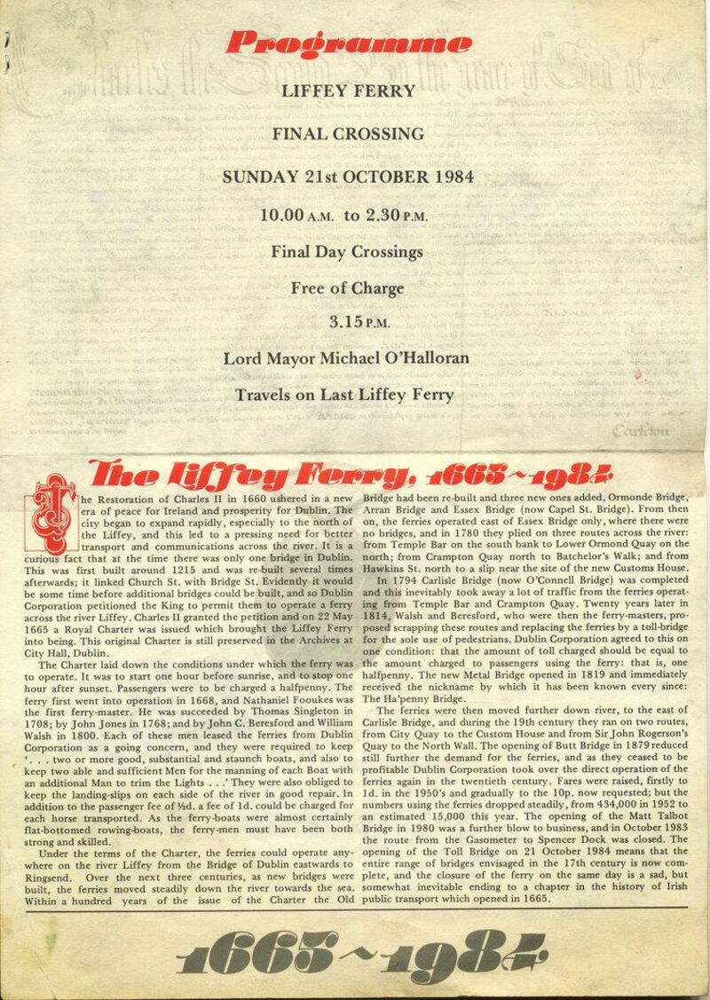 Liffey Ferry final crossing programme from October 1984. Photograph: The Irish Nautical Trust