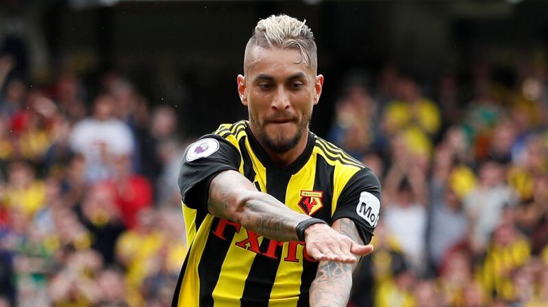 Watford’s Roberto Pereyra celebrates scoring their first goal in the Premier League game against Brighton at Vicarage Road. Photograph: David Klein/Reuters