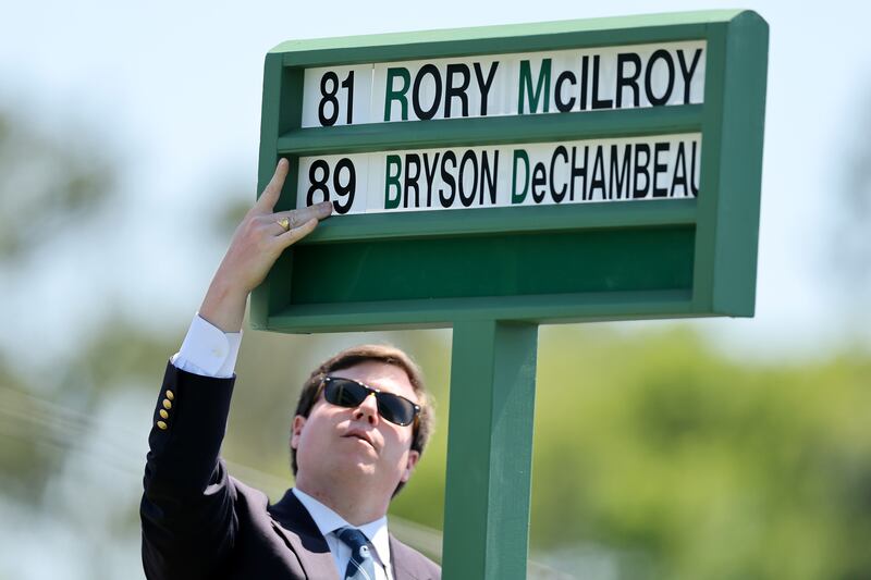 The names of Rory McIlroy  and Bryson DeChambeau are displayed on the first tee for  the final round of the 2025 Masters Tournament at Augusta National Golf Club. Photograph: Michael Reaves/Getty Images