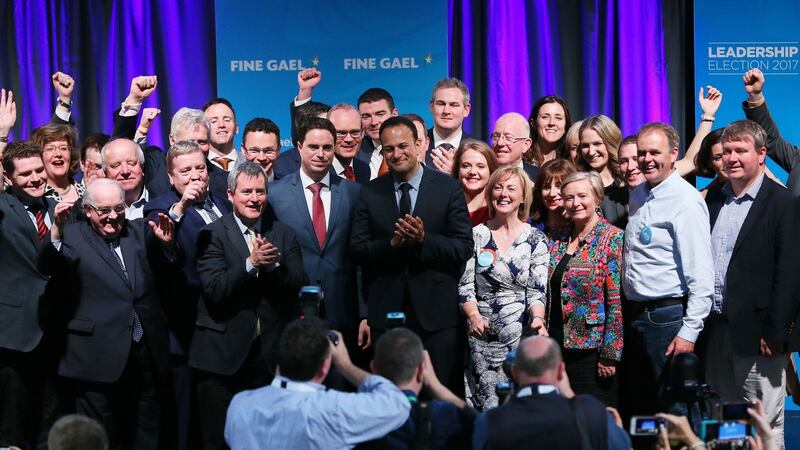 Newly elected Fine Gael party leader Leo Varadkar with party members at the Mansion House in Dublin. Photograph: Brian Lawless/PA Wire