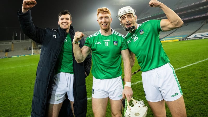 Declan Hannon, Cian Lynch and Pat Ryan  celebrate the victory over Galway in the All-Ireland SFC semi-final at Croke Park. Photograph: James Crombie/Inpho