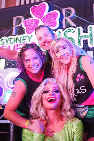 Loretta Cosgrove (left) with Consul General of Ireland in Sydney Owen Feeney, Lorna Markey Hennessy and Panti Bliss at the Sydney Mardi Gras