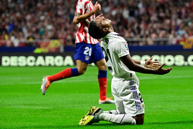 Real Madrid's Brazilian forward Rodrygo celebrates after scoring his side's first goal during the Madrid derby. Photograph: Javier Soriano/AFP via Getty Images