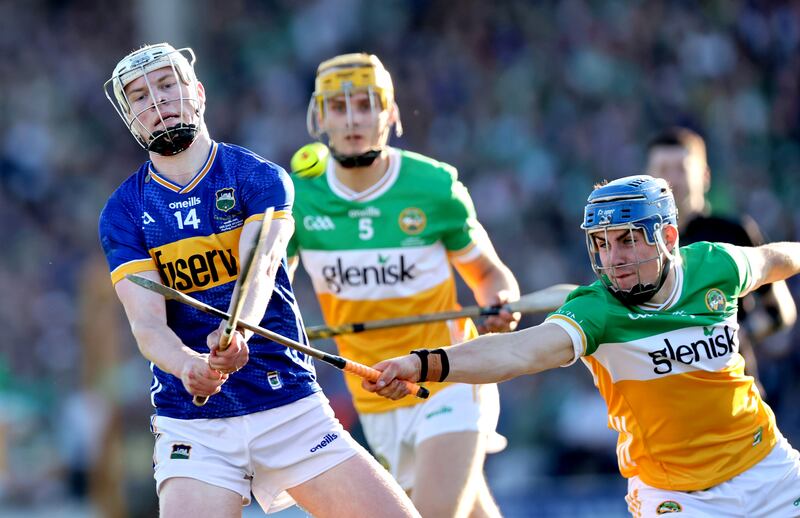 Tipperary's Oisín O'Donoghue is challenged by James Mahon of Offaly during last year's All-Ireland under-20 final. O'Donoghue is eligible again this year. Photograph: Tom Maher/Inpho. 