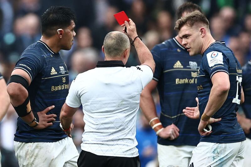 Michael Ala'alatoa's late red card against La Rochelle in last season's Champions Cup final deflated Leinster's comeback hopes. Photograph: Anne-Christine Poujoulat/AFP via Getty Images