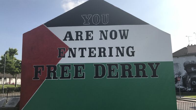 Free Derry Corner in the colours of the Palestinian flag, May 2018. Photograph: courtesy of Guildhall Press
