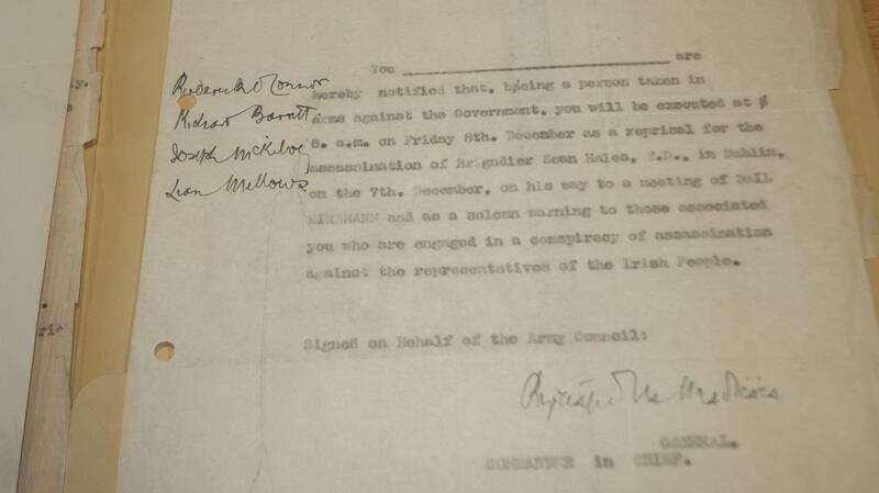 Some 95,006 pieces of paper belonging to the archive of Richard Mulcahy have been digitised including this death warrant signed by him before the execution of four Republican prisoners during the Civil War.