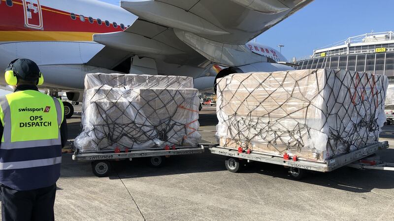 HSE personal protective equipment arriving at Dublin Airport from Hong Kong on Tuesday. ‘If I bring a million masks back from China, I know they are going straight into the Mater, James’s, Vincent’s and all over the country,’ Dómhnal Slattery of Avolon aircraft leasing company says. Photograph: Avolon/Twitter