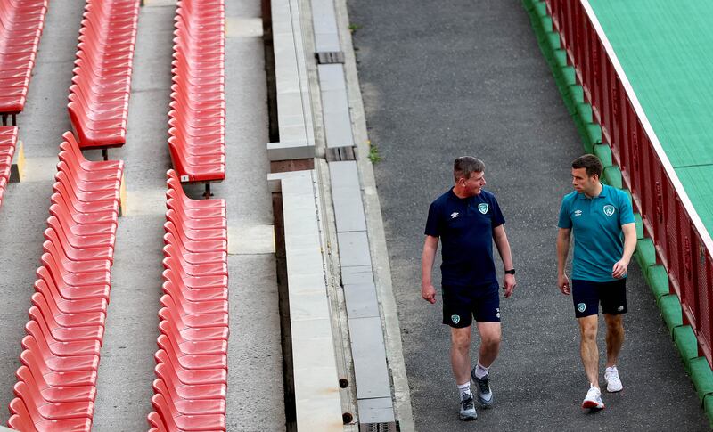 Manager Stephen Kenny and Seamus Coleman arrive for the press conference at the  Republican Stadium, Yervan, Armenia. Photograph: Ryan Byrne/Inpho 