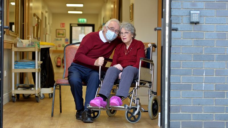 PJ Cully visiting his wife, Ann, who has Alzheimer’s Disease and is a resident at Craddock House Nursing Home. Photograph: Alan Betson