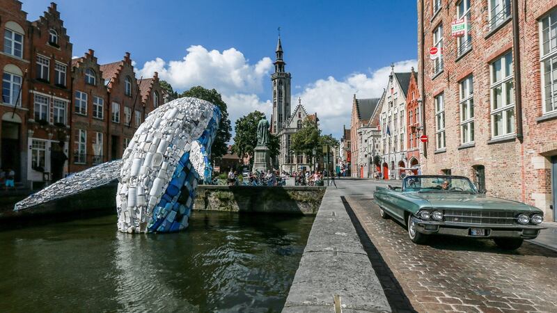A 12-metre installation depicting a whale, made up of five tons of plastic waste pulled out of the Pacific Ocean, displayed in Bruges, Belgium, in August The whale consists of 5 tons of plastic and highlights the dangers of plastic waste polluting the seas and oceans. Photograph: EPA/Stephanie Lecocq