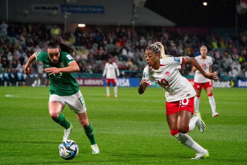 Áine O'Gorman battles with Ashley Lawrence during Ireland's defeat by Canada. Photograph: PA Wire