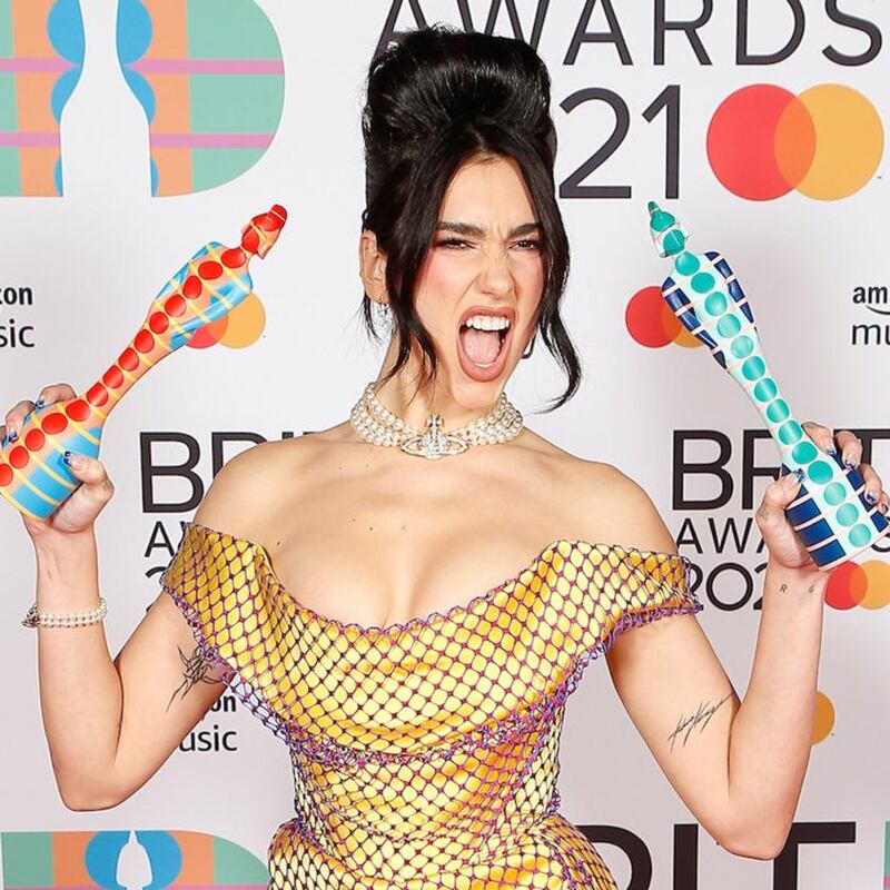 Dua Lipa at the Brit Awards 2021 at the O2 Arena in London. Photograph: John Marshall/Handout/EPA