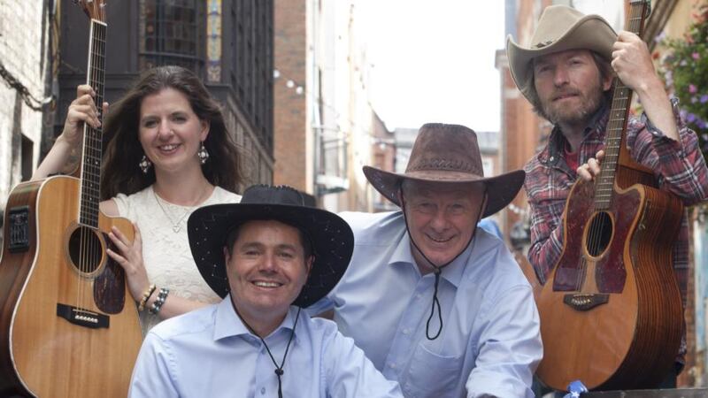 From left to right at today’s announcement were singer-songwriter Clara Rose, Minister for Transport and Tourism Paschal Donohoe, Minister of State for Tourism Michael Ring and singer-songwriter NC Lawlor. Photograph: Fáilte Ireland