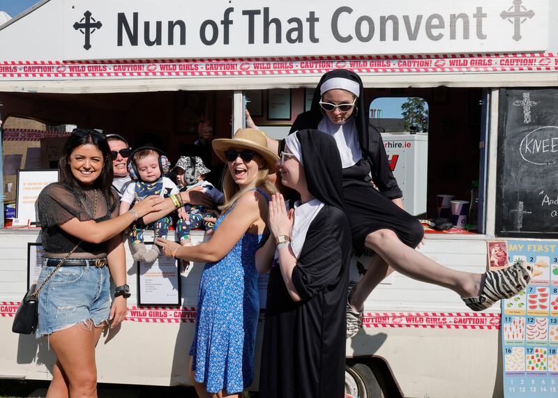 Five-month-old Jack and Conor Fitzpatrick with mum Emily and aunt Caroline Fitzpatrick from Monasterevin, Co Kildare, with the nuns from Nun of That Convent at Trailer Park. Photograph: Alan Betson/The Irish Times

